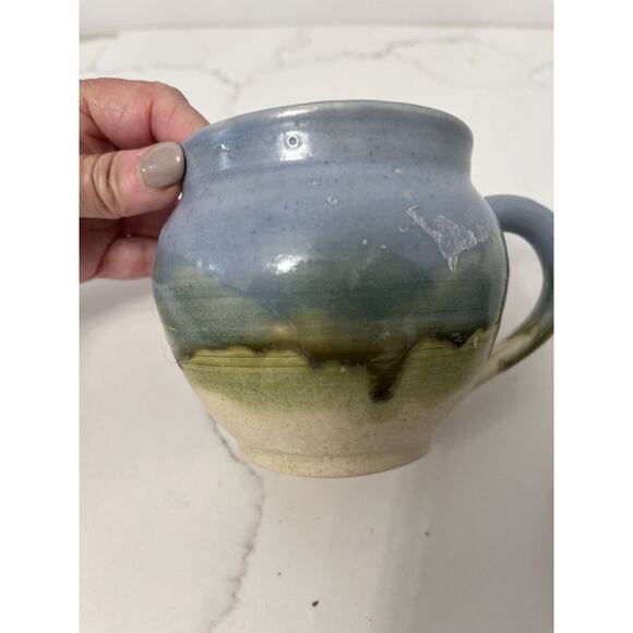 Vintage Studio Art Pottery Mugs Signed Drip Glazed Blue/Green 2 Matching - Picture 2 of 5